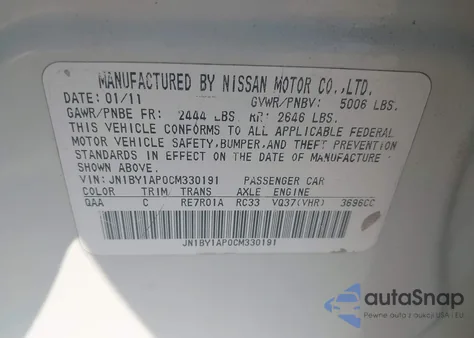 2012 Infiniti M37 z USA, uszkodzony, nr VIN JN1BY1AP0CM330191